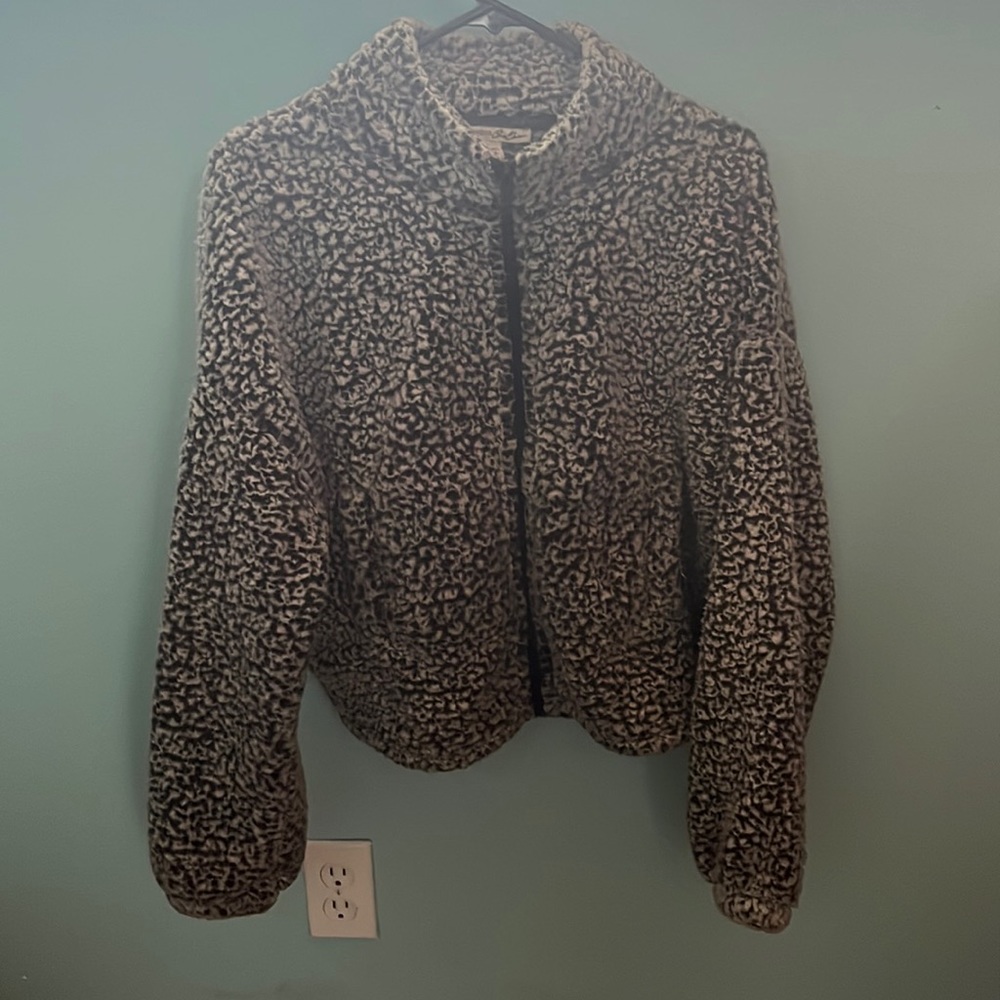 Gray and white fuzzy zip up jacket